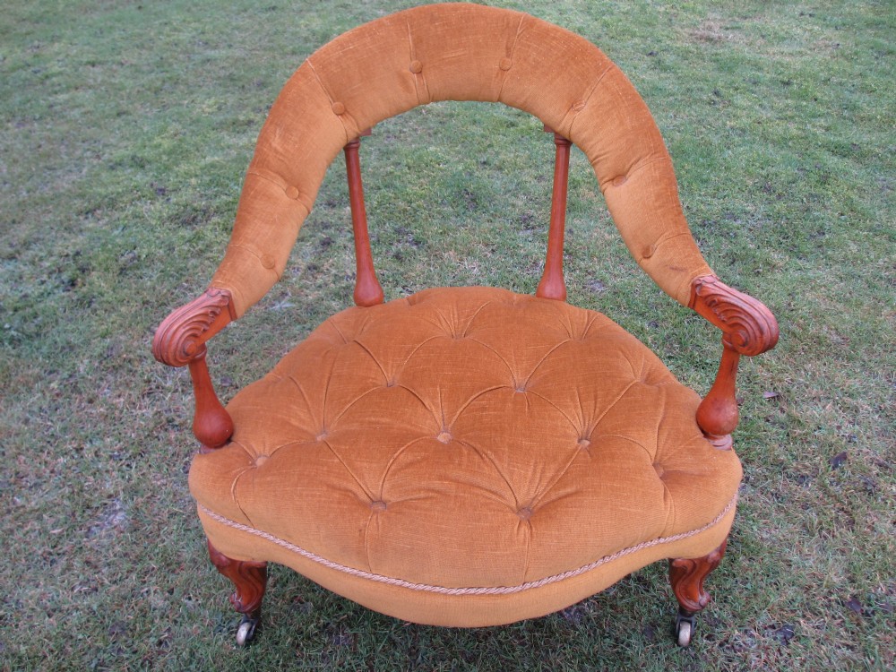 Lovely Victorian Walnut show frame button upholstered nursing armchair