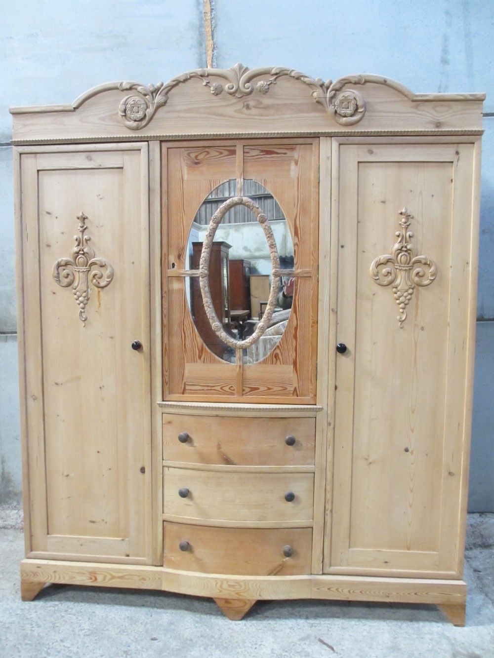 19th Century French pitch pine 3 section oval mirror wardrobe 