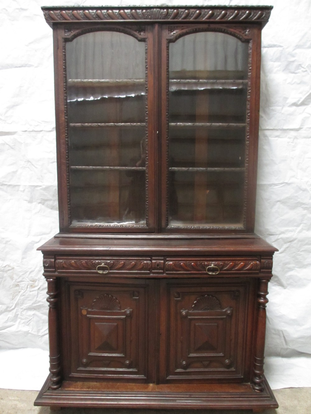 Superb Victorian carved Oak glazed bookcase cabinet