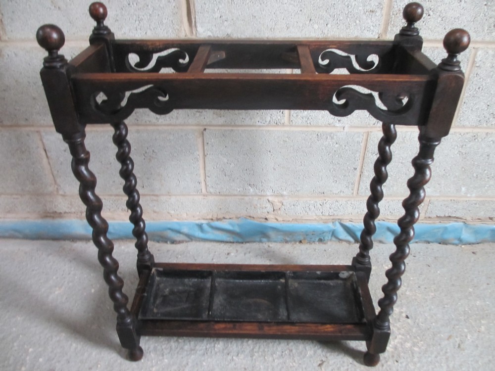 Victorian Oak carved and fretted Barley Twist rectangular stick stand