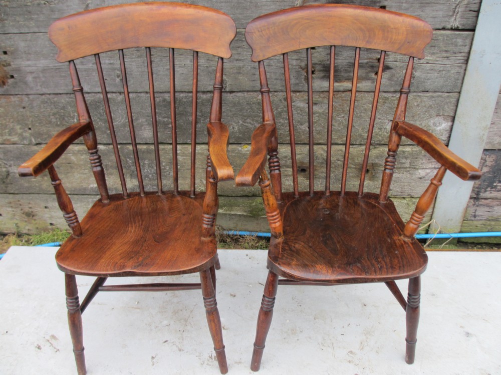 pair of 19th Century Elm stick back Windsor carver armchairs