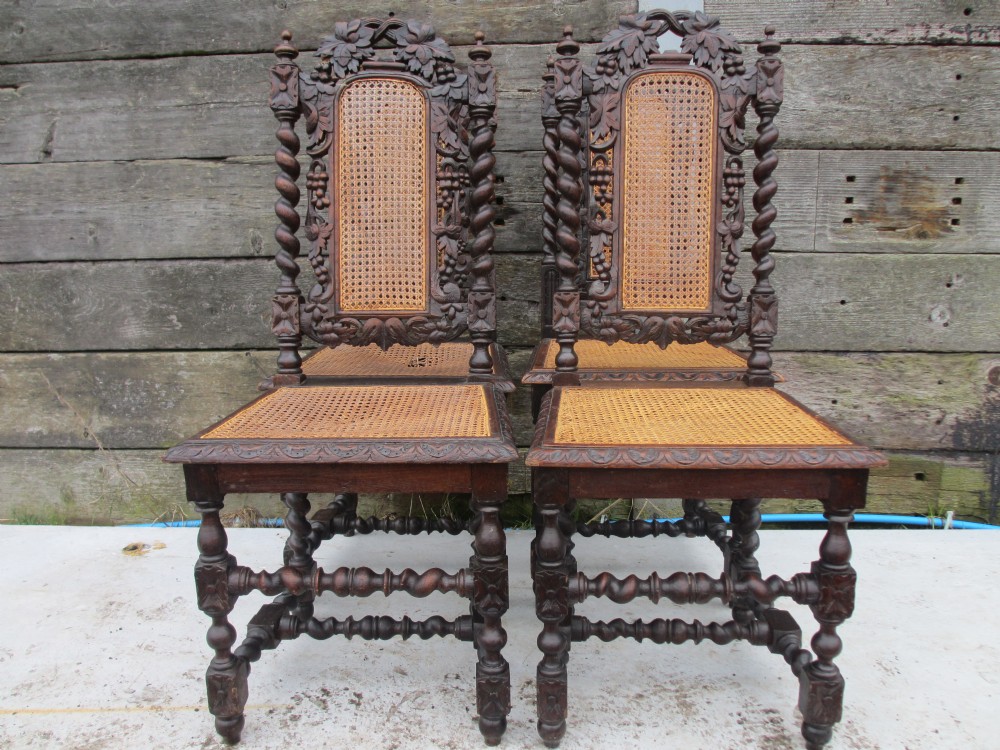 Set of 4 Victorian carved Oak bergere caned dining chairs