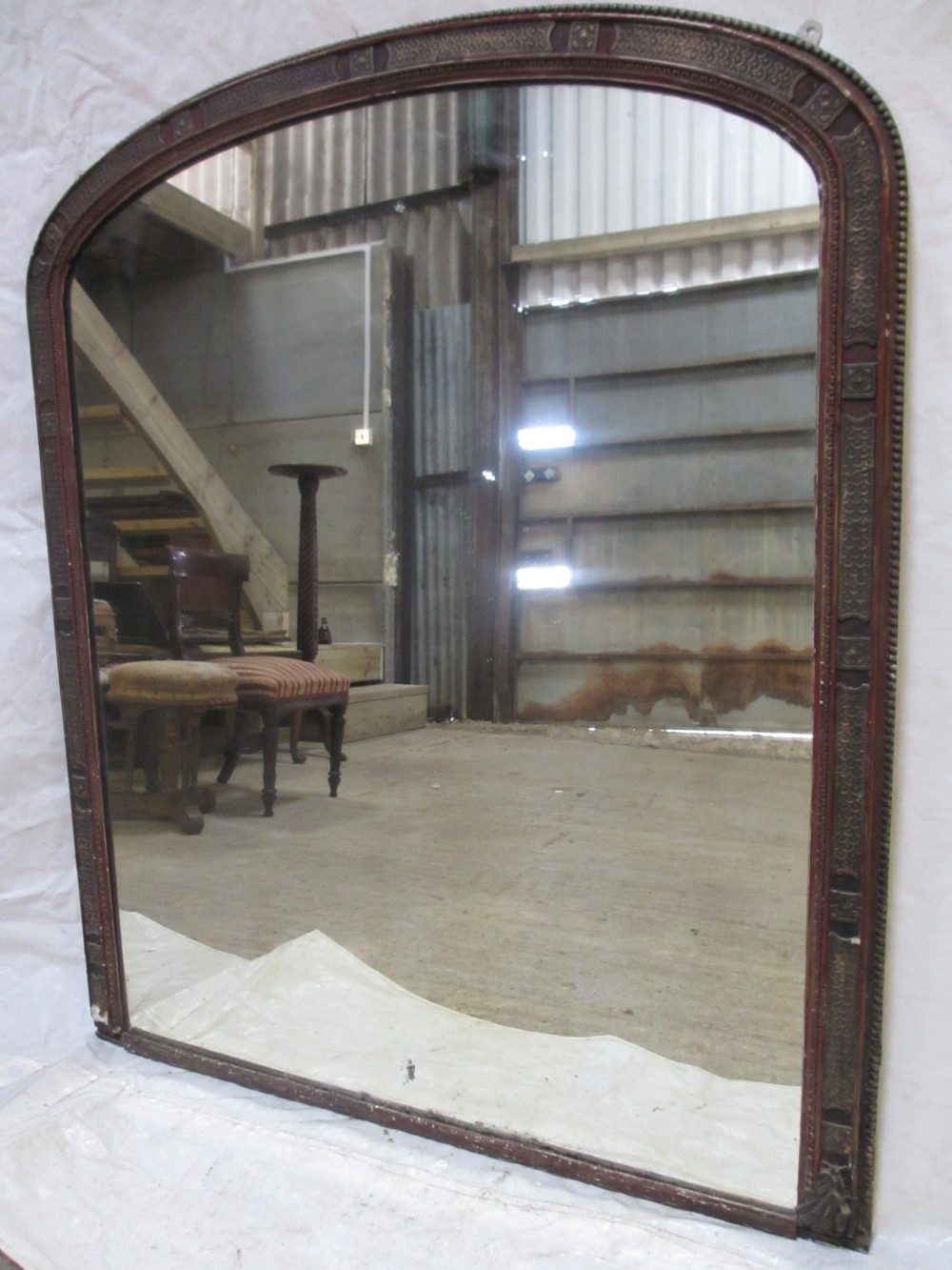 Large 19th Century Gesso moulded frame arch top overmantle mirror