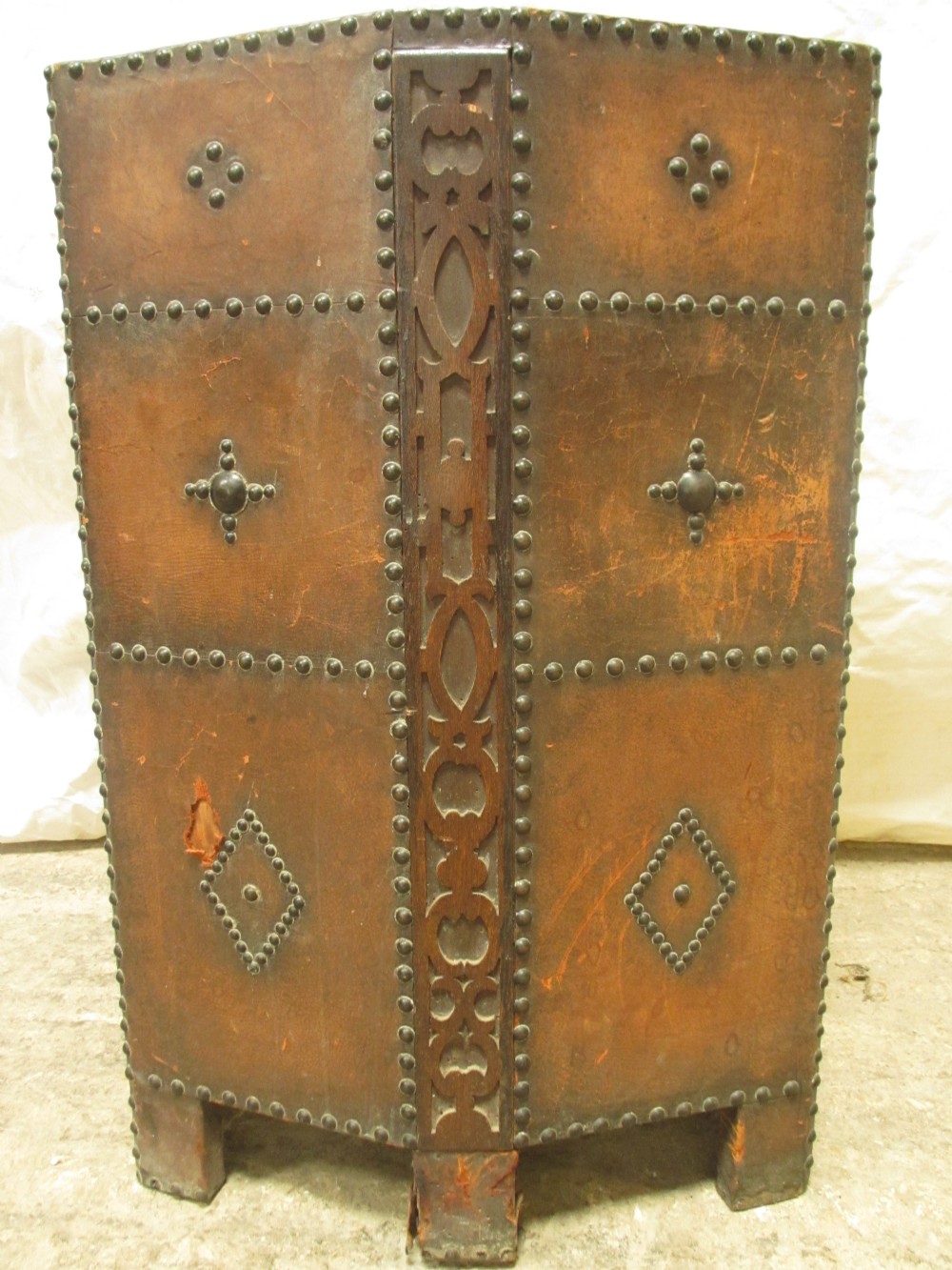 Arts & Crafts Oak Leather bound and studded stick stand