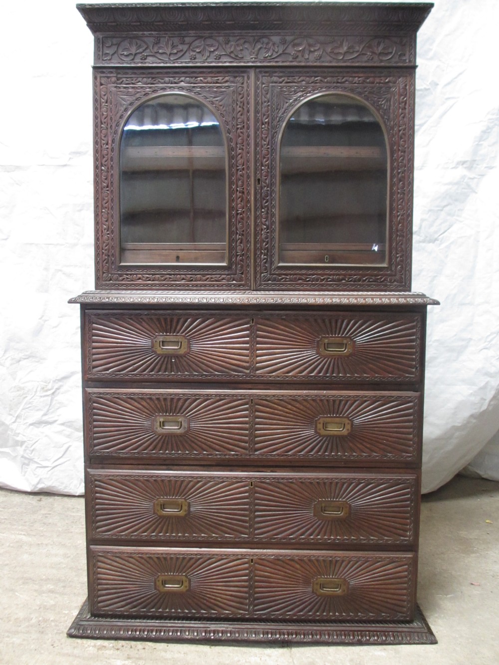 Superb 19th Century colonial Anglo-Indian carved Rosewood 3 part Secretaire bookcase