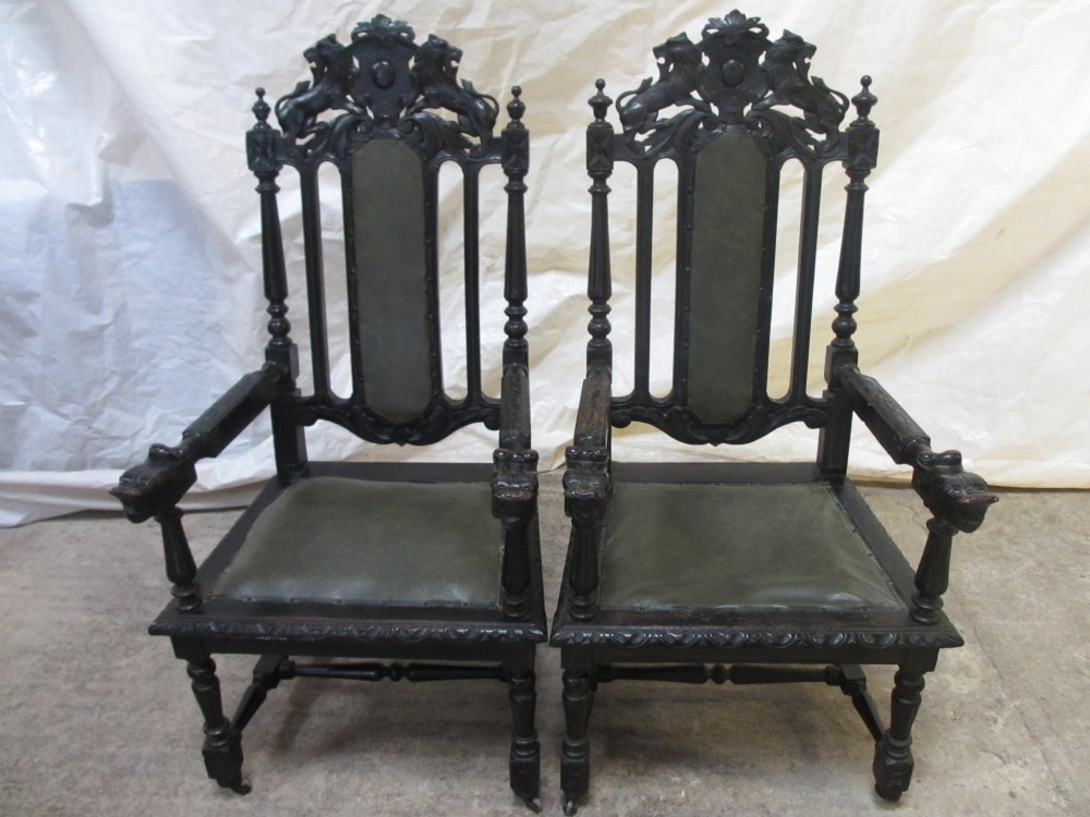 Superb pair of carved Oak 19th Century Throne carver armchairs 