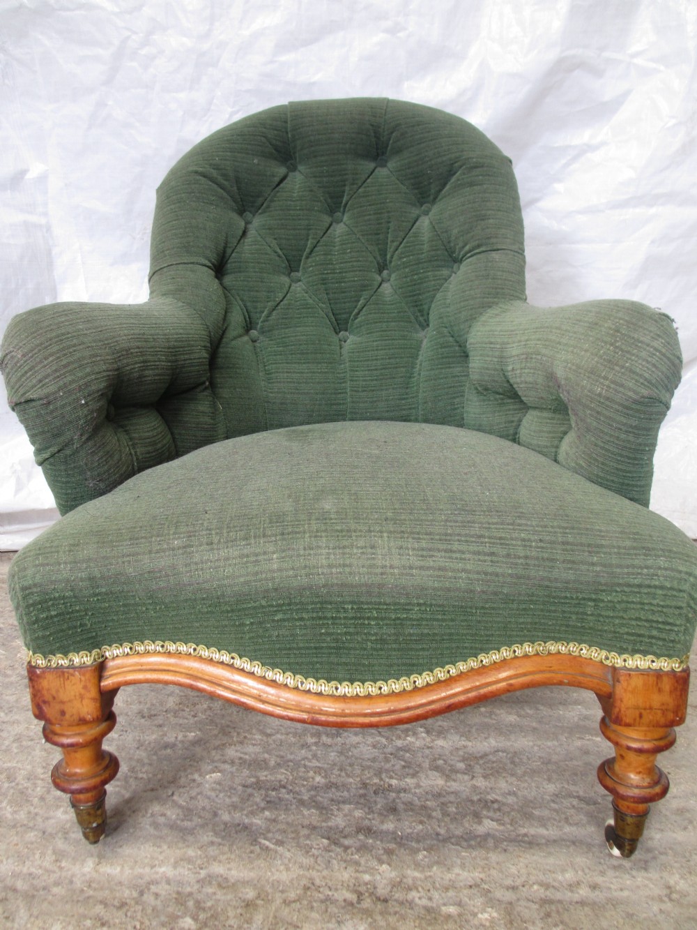 Victorian Walnut framed button upholstered tub armchair 