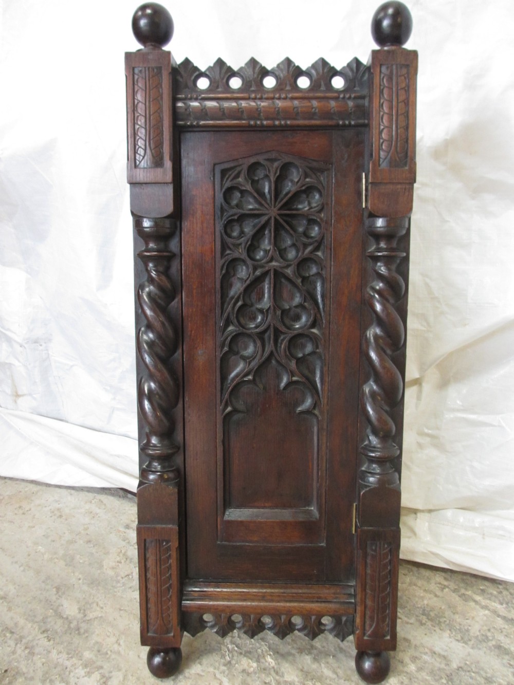 Victorian Gothic carved Oak slim corner cabinet cupboard 