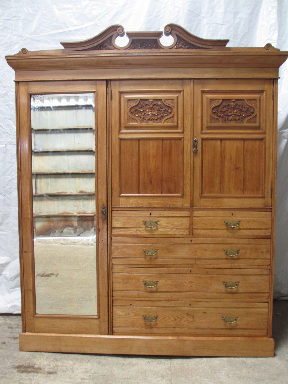 Lovely Victorian Ash compactum wardrobe with bevel dressing mirror door