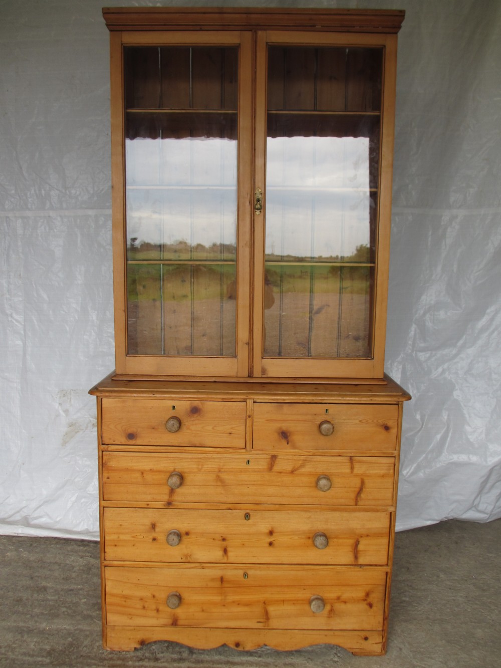 Victorian Pine 2 part glazed bookcase display cabinet chest of drawers