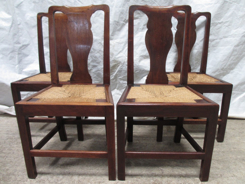 Set of 4 sturdy 19th Century Mahogany vase splat back rush seat dining chairs