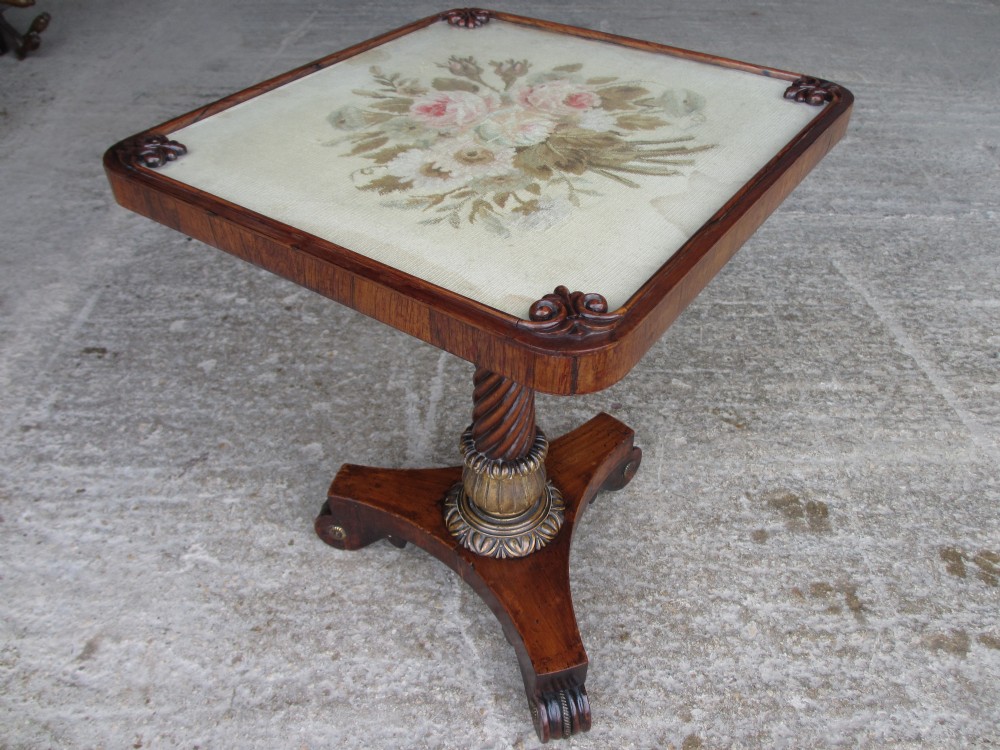 William IV Mahogany Rosewood needlepoint square top occasional table