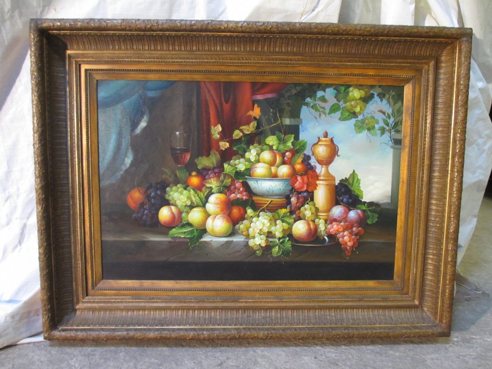 Large Still Life Oil on Canvas of Fruit on Table in Superb Victorian Gesso Frame 