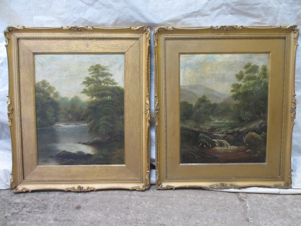 Superb Pair of 19th Century Gilt Gesso Frames with Oil on Canvas of River Forest Landscape