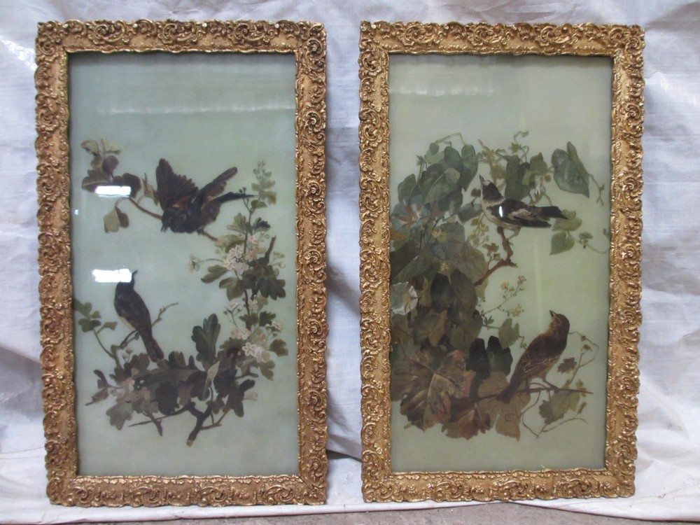 Pair of Victorian Reverse Oil on Glass Paintings Birds in Blossom - Gilt 
