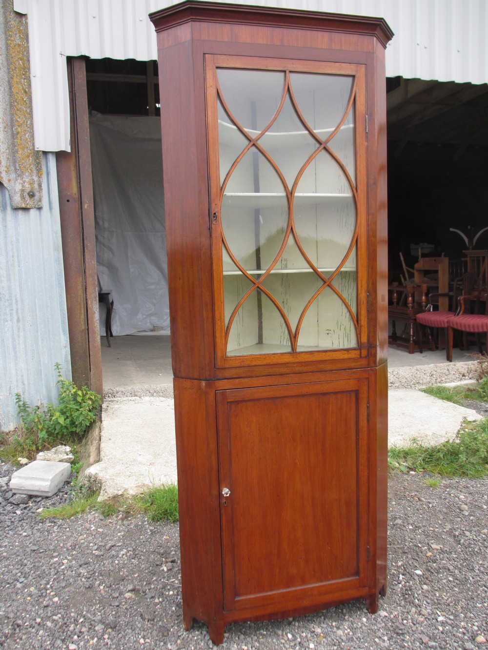 Georgian Inlaid Mahogany and Glazed 2 Part Standing Corner Cabinet Cupboard Cross Banded Top,Shelved Interior, Key, Set on Bracket Feet
