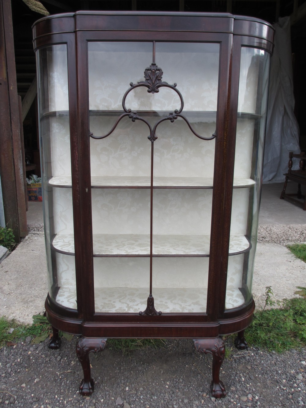 Superb Edwardian dark mahogany bow sided display cabinet with large single door, nicely upholstered back and shelves set on four carved legs with ball and claw feet