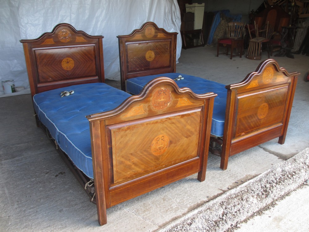lovely PAIR OF EDWARDIAN INLAID MAHOGANY single beds, ends with satinwood inlay, iron side rails , spring bases 