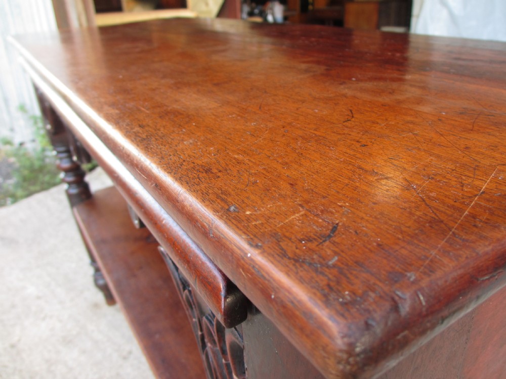 Unusual Victorian Mahogany Pull-out Side Console Buffet Side Table With Under Tier and Turned Legs View V