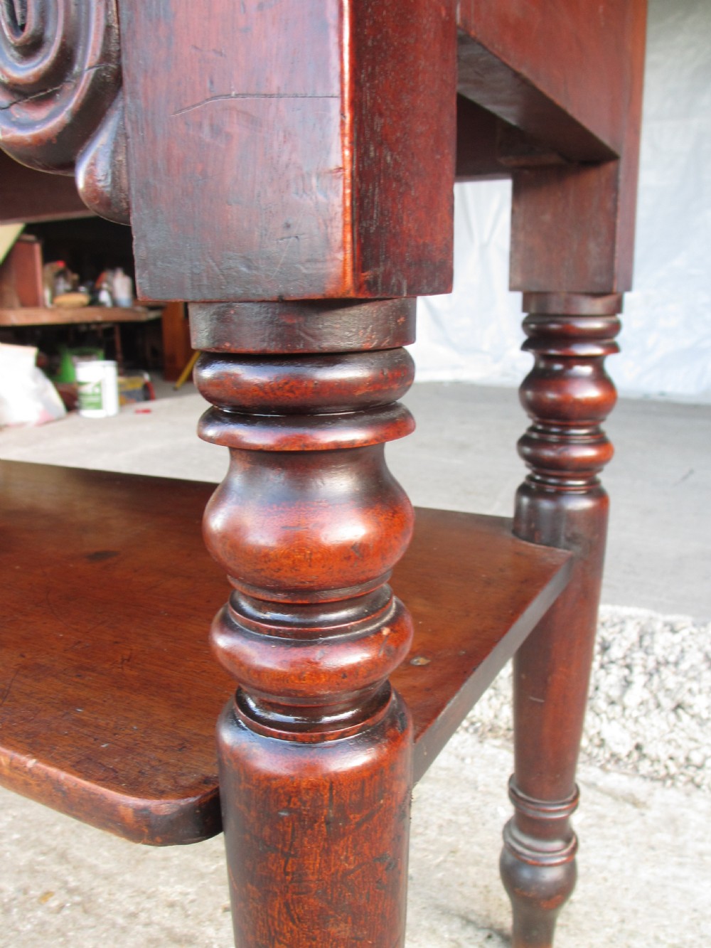 Unusual Victorian Mahogany Pull-out Side Console Buffet Side Table With Under Tier and Turned Legs View IX