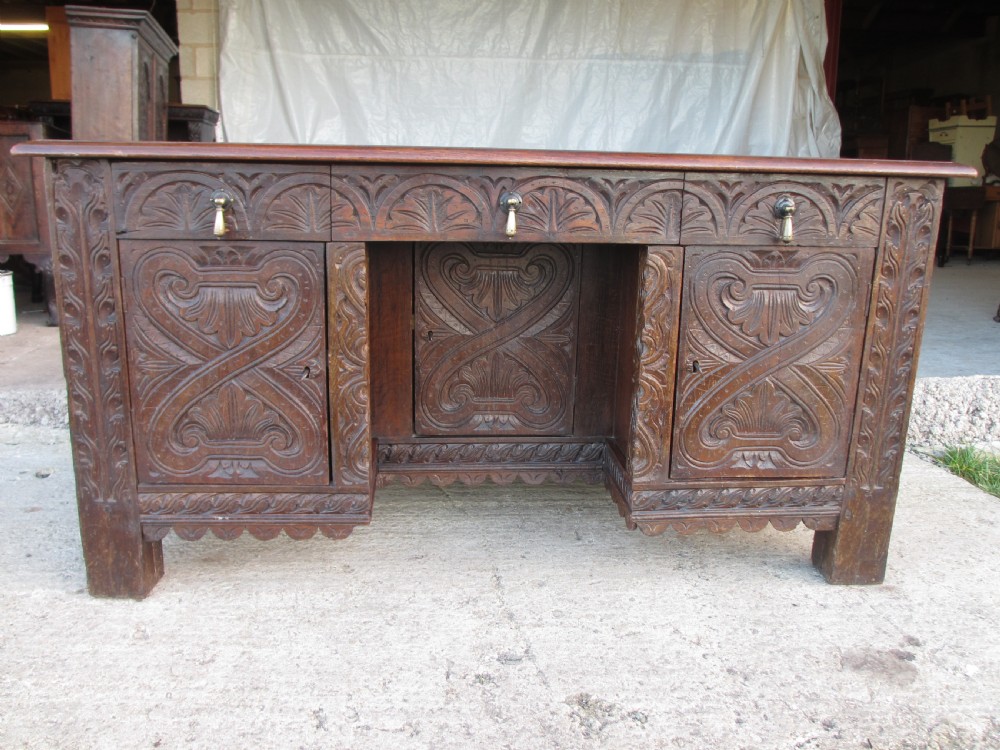 Victorian Heavily Carved Oak Kneehole Desk, 2 Cupboards 3 Drawers 