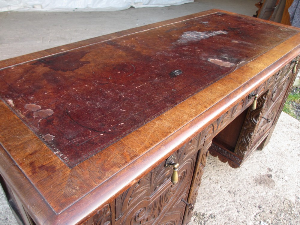 Victorian Heavily Carved Oak Kneehole Desk, 2 Cupboards 3 Drawers  View III