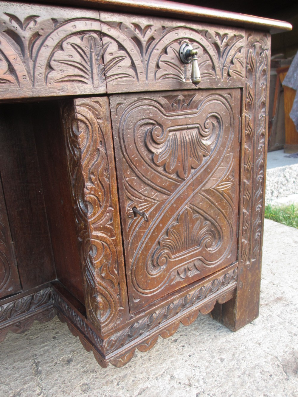 Victorian Heavily Carved Oak Kneehole Desk, 2 Cupboards 3 Drawers  View V