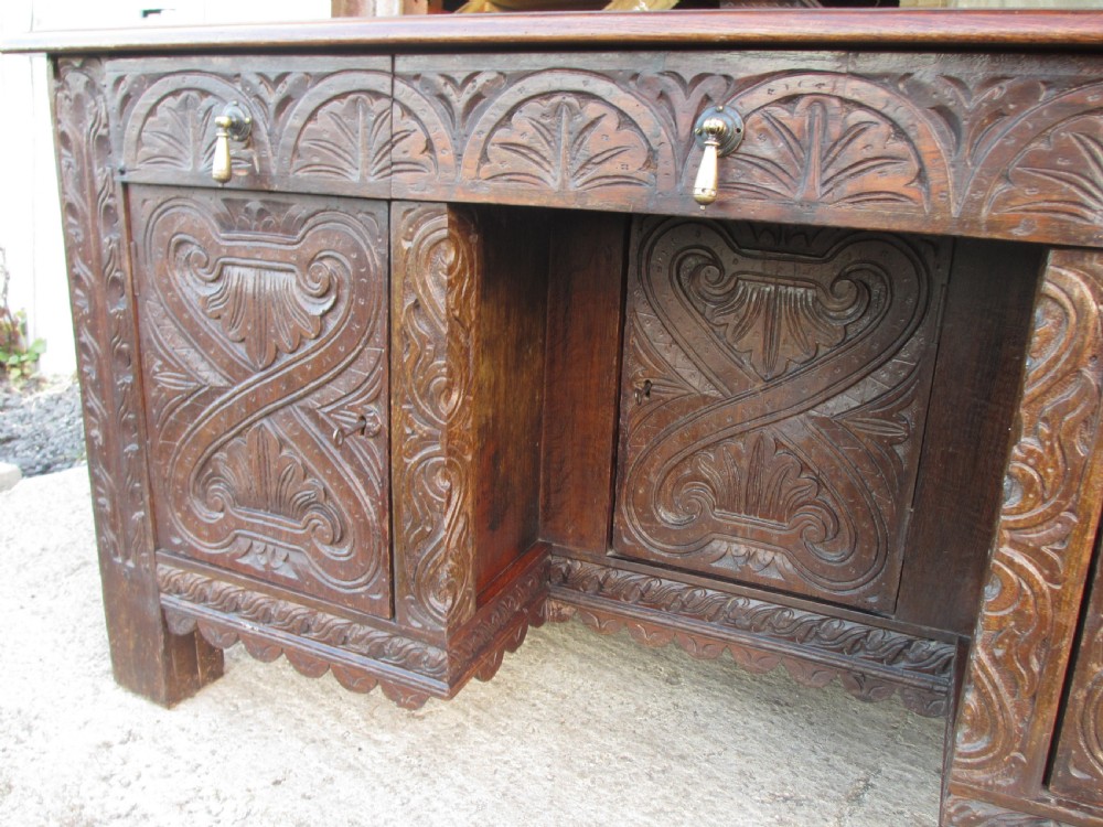 Victorian Heavily Carved Oak Kneehole Desk, 2 Cupboards 3 Drawers  View VI