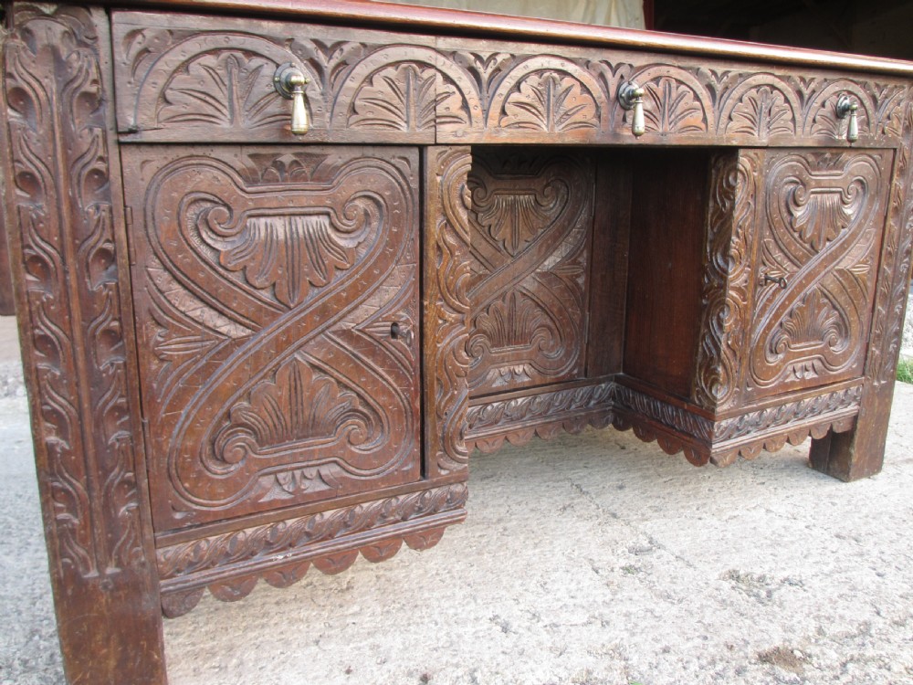 Victorian Heavily Carved Oak Kneehole Desk, 2 Cupboards 3 Drawers  View VII