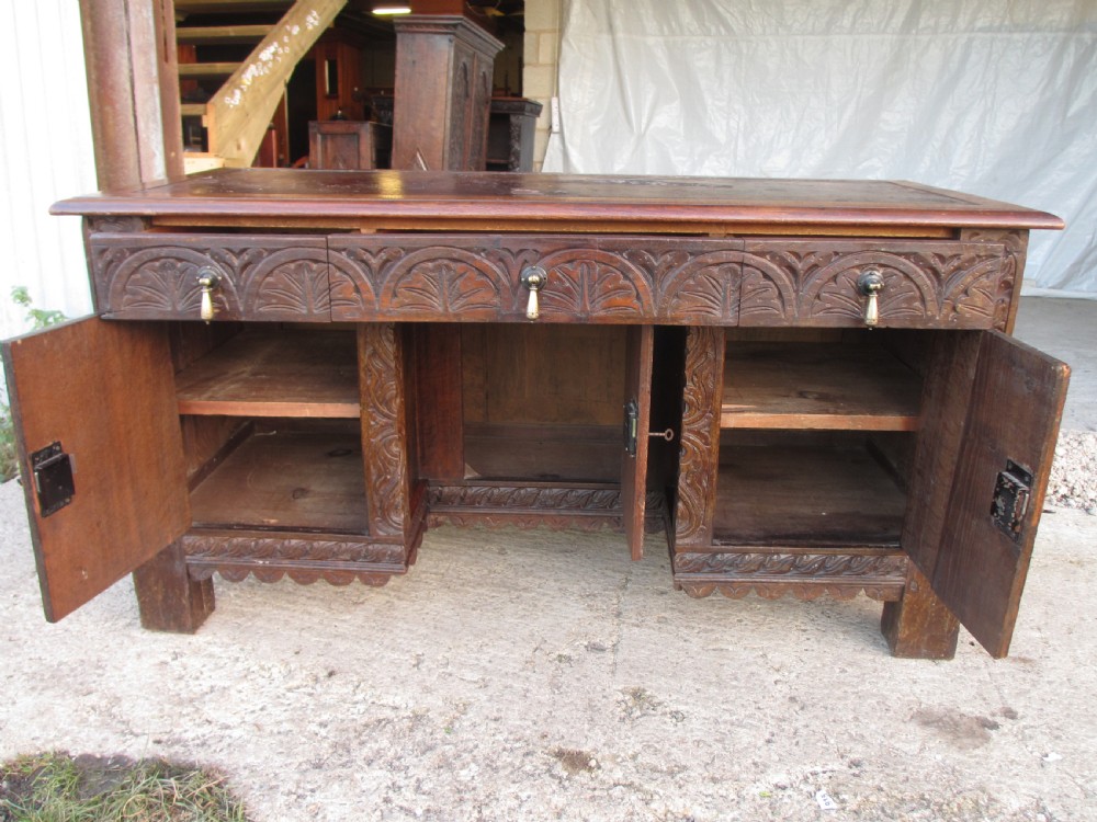 Victorian Heavily Carved Oak Kneehole Desk, 2 Cupboards 3 Drawers  View XIX