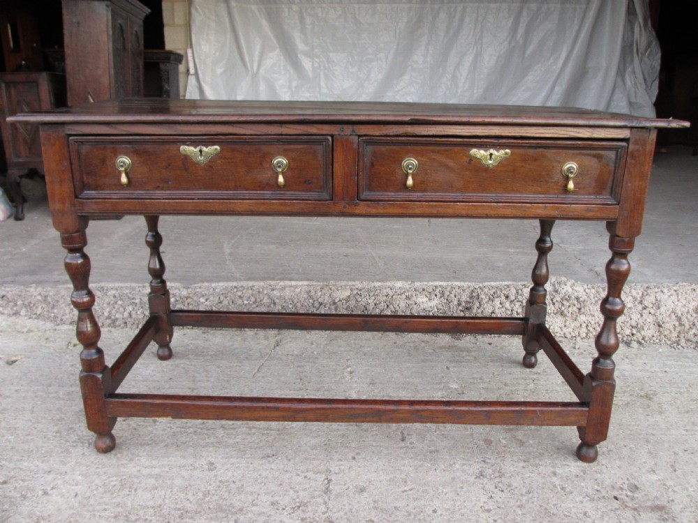 Georgian oak console side table with box stretcher and twin drawers View II