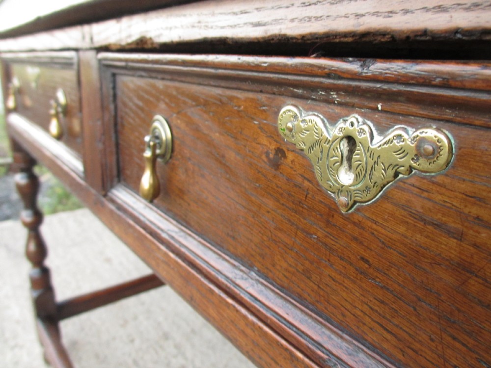 Georgian oak console side table with box stretcher and twin drawers View V