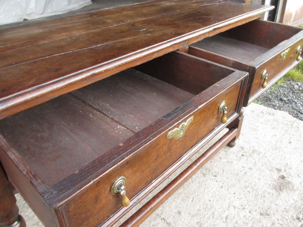 Georgian oak console side table with box stretcher and twin drawers View XIV