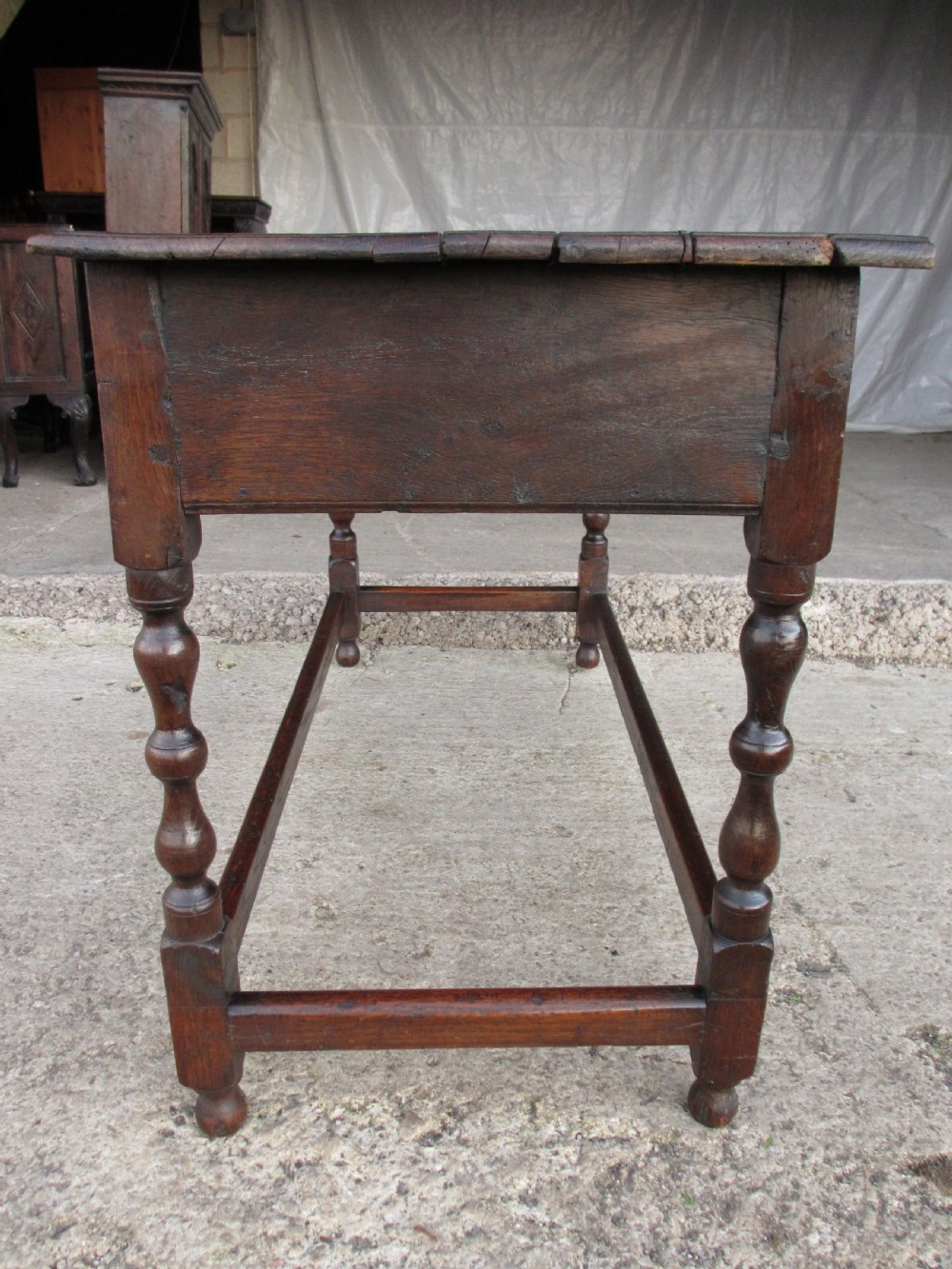 Georgian oak console side table with box stretcher and twin drawers View XV