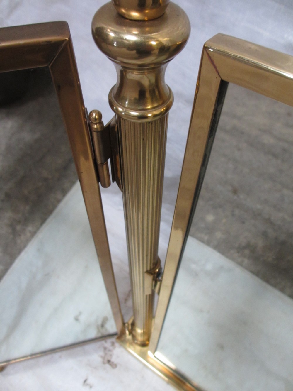 Edwardian brass triptych folding swing dressing table mirror with lion finials View V