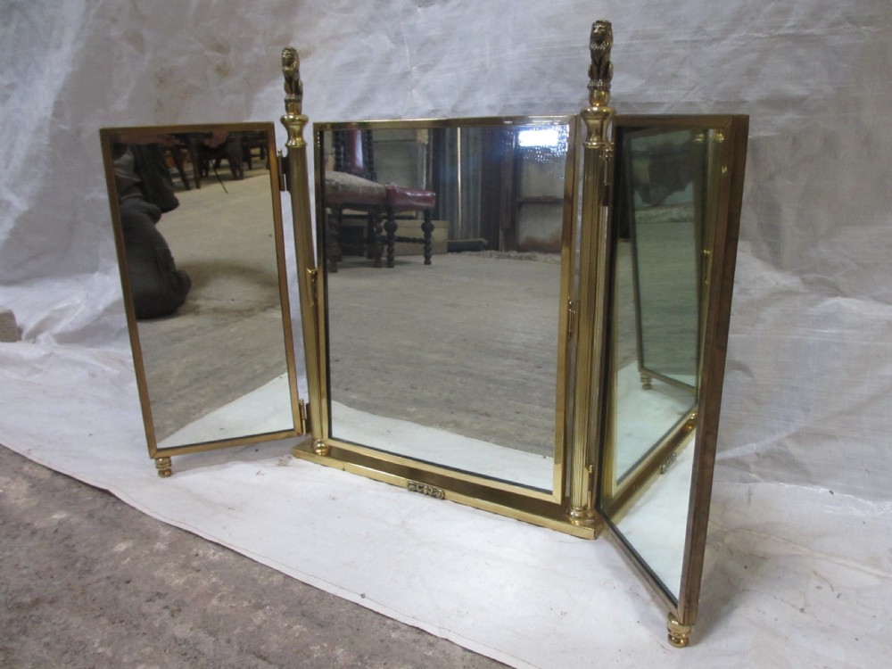 Edwardian brass triptych folding swing dressing table mirror with lion finials View VI