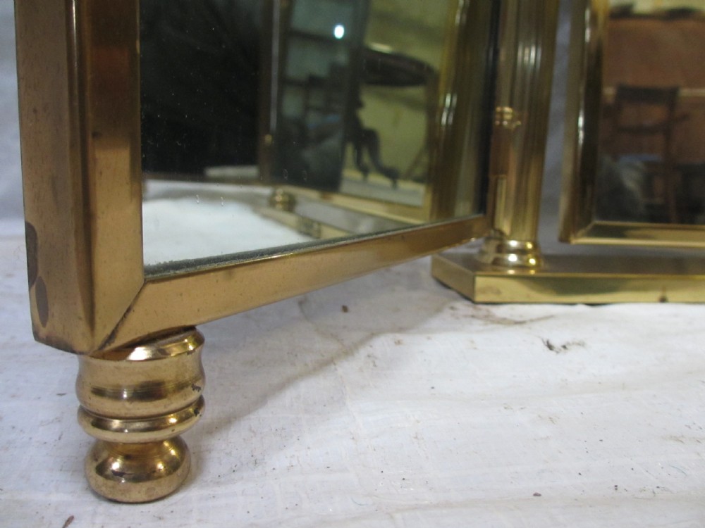 Edwardian brass triptych folding swing dressing table mirror with lion finials View VII