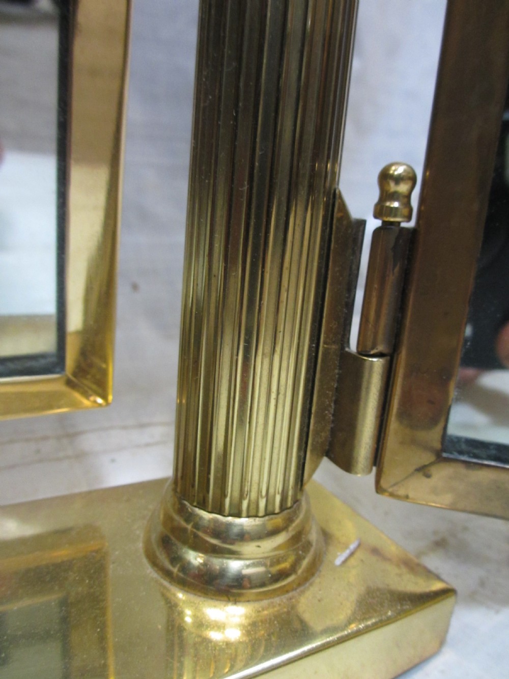 Edwardian brass triptych folding swing dressing table mirror with lion finials View X