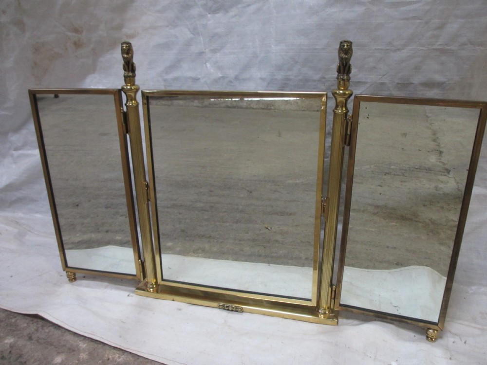 Edwardian brass triptych folding swing dressing table mirror with lion finials View XI
