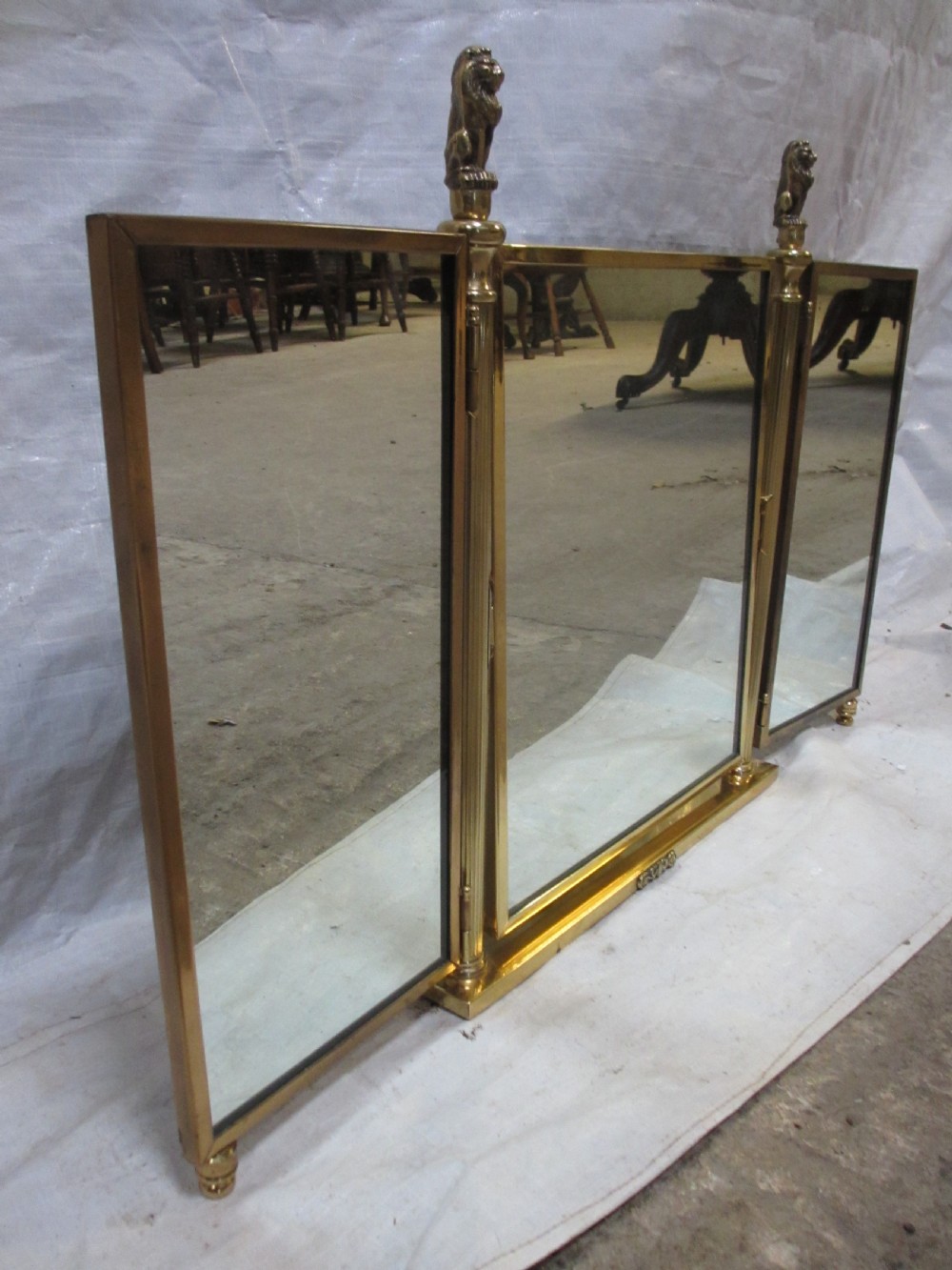 Edwardian brass triptych folding swing dressing table mirror with lion finials View XIII