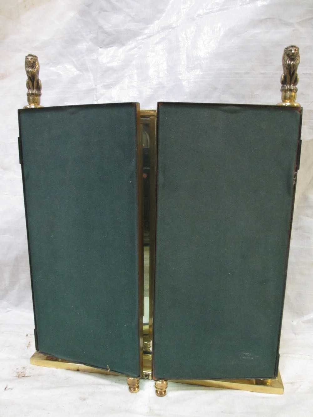 Edwardian brass triptych folding swing dressing table mirror with lion finials View XIV