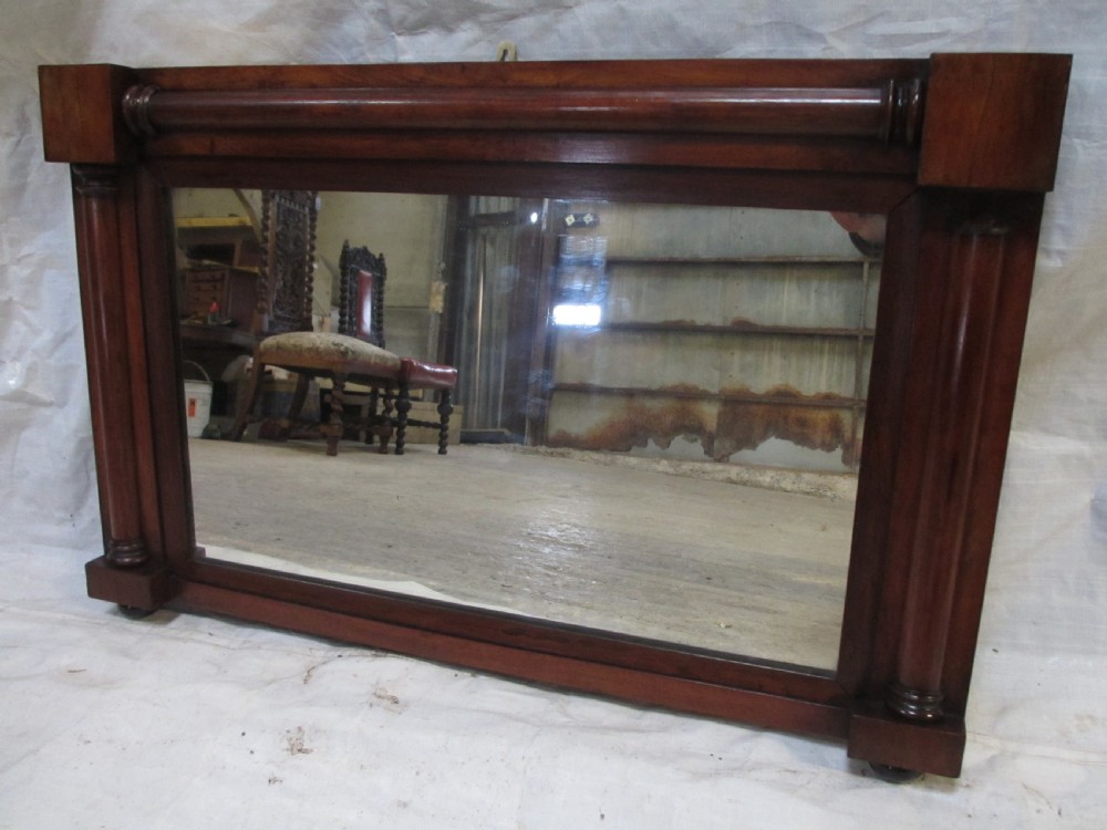 19th century regency mahogany rectangular overmantle mirror with column edged frame