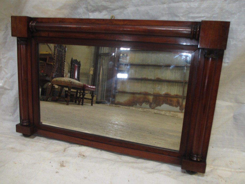 19th century regency mahogany rectangular overmantle mirror with column edged frame View II