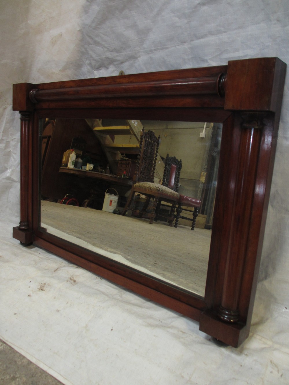 19th century regency mahogany rectangular overmantle mirror with column edged frame View III