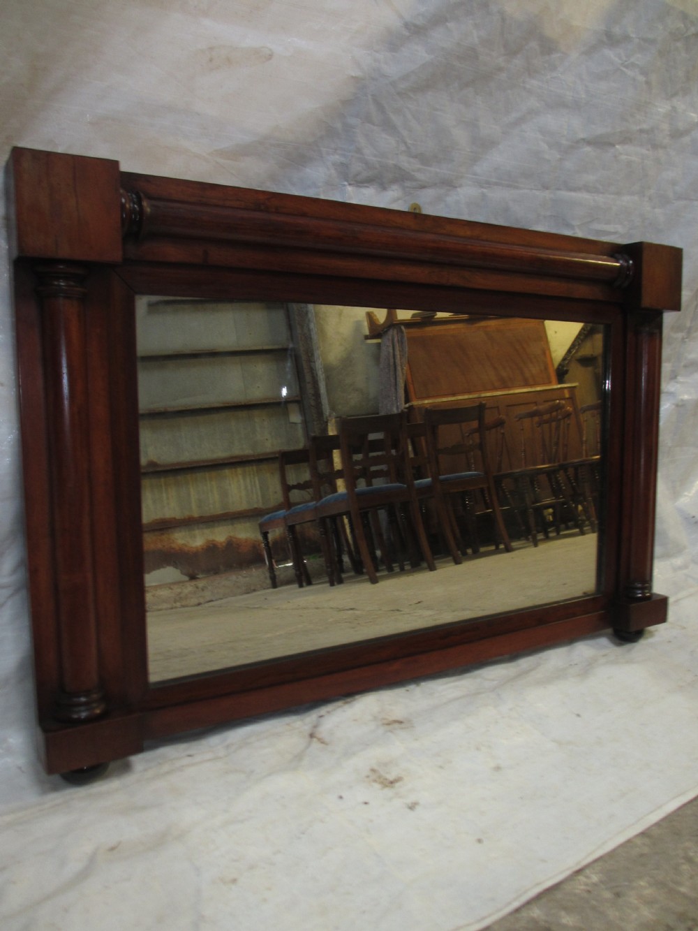 19th century regency mahogany rectangular overmantle mirror with column edged frame View IV