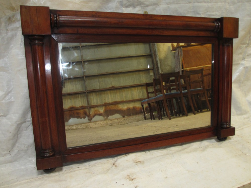 19th century regency mahogany rectangular overmantle mirror with column edged frame View V