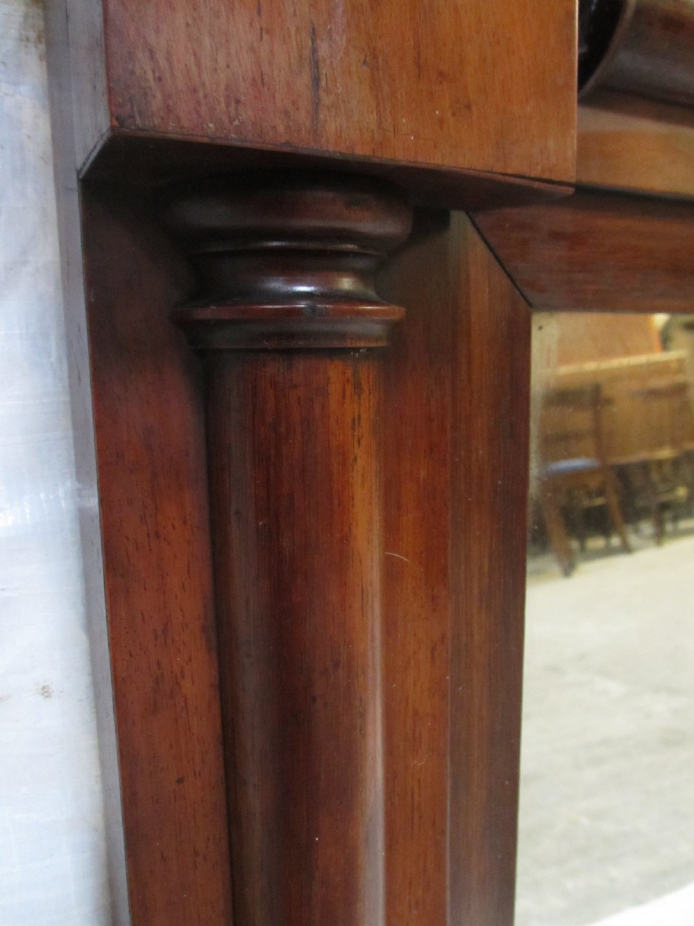19th century regency mahogany rectangular overmantle mirror with column edged frame View VIII