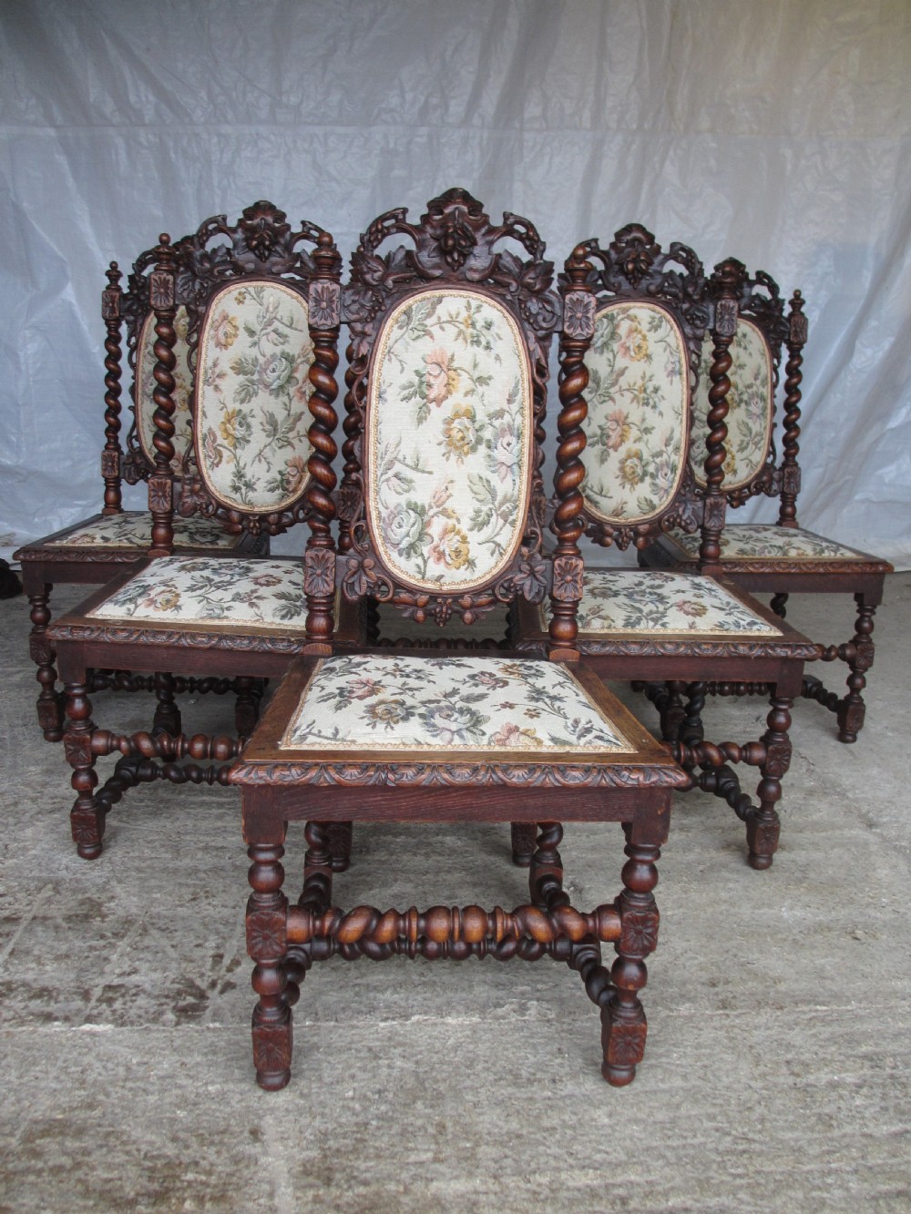 Set of 6 Victorian carved oak dining chairs, barley twist supports and stretchers, upholstered seats backs  View II