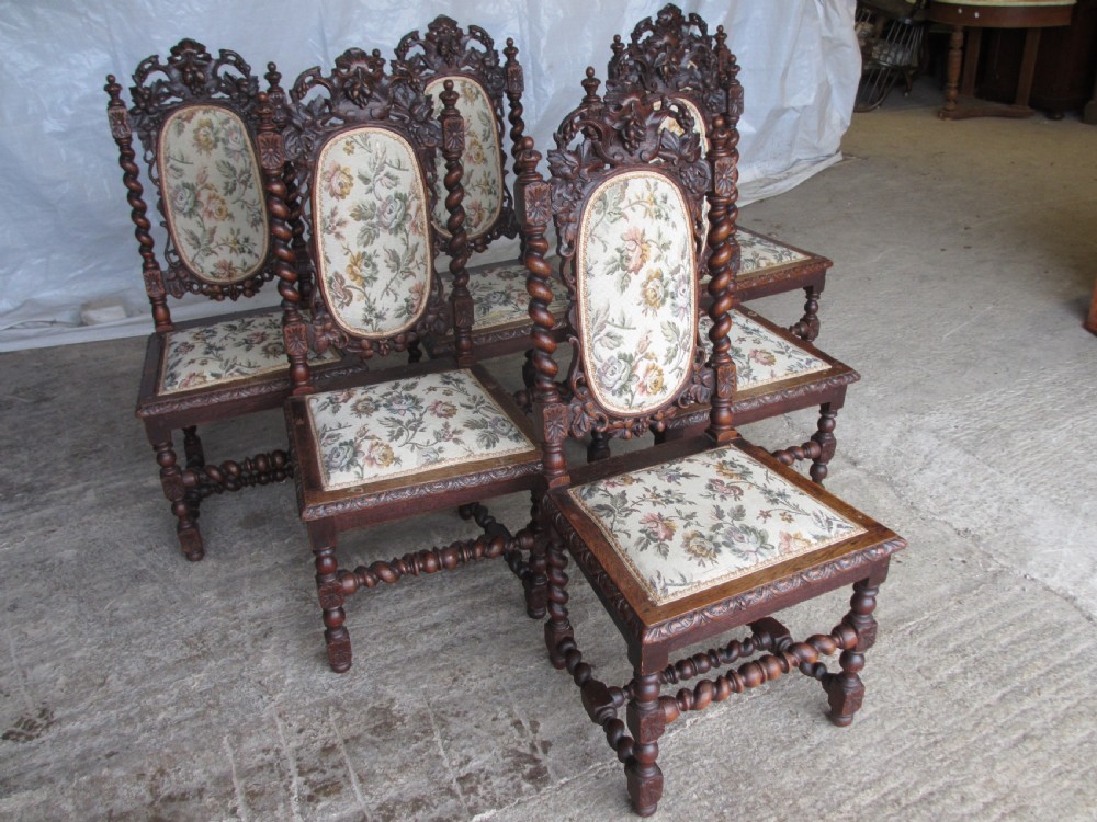Set of 6 Victorian carved oak dining chairs, barley twist supports and stretchers, upholstered seats backs  View III