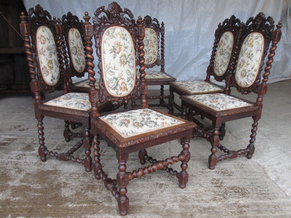 Set of 6 Victorian carved oak dining chairs, barley twist supports and stretchers, upholstered seats backs  View IV